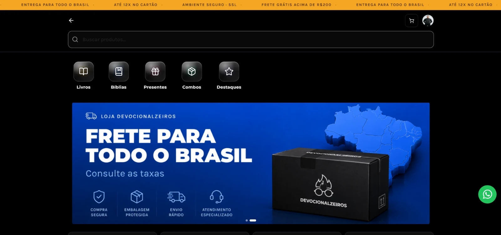 Home da loja Devocionalzeiros com barra de benefícios, categorias e banner de frete para todo o Brasil