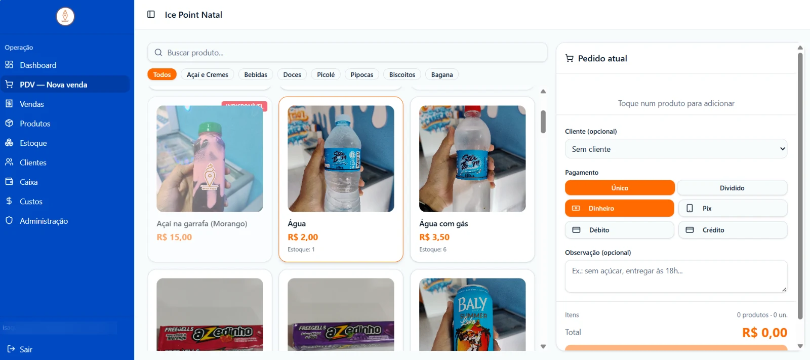 Tela de PDV do Ice Point Natal com grade de produtos e painel do pedido atual
