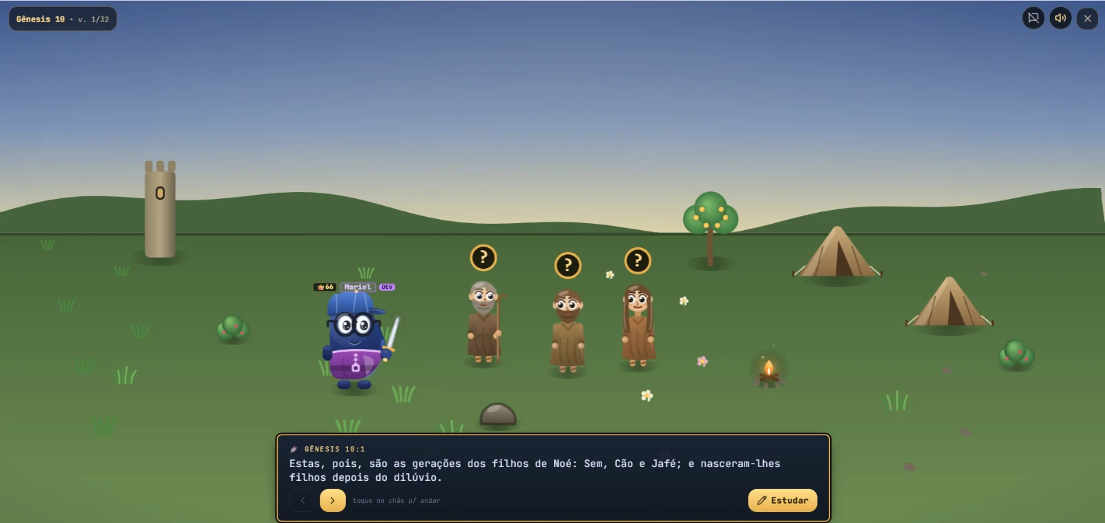 Cena do jogo bíblico interativo com avatar do jogador, personagens e caixa de texto exibindo o versículo de Gênesis