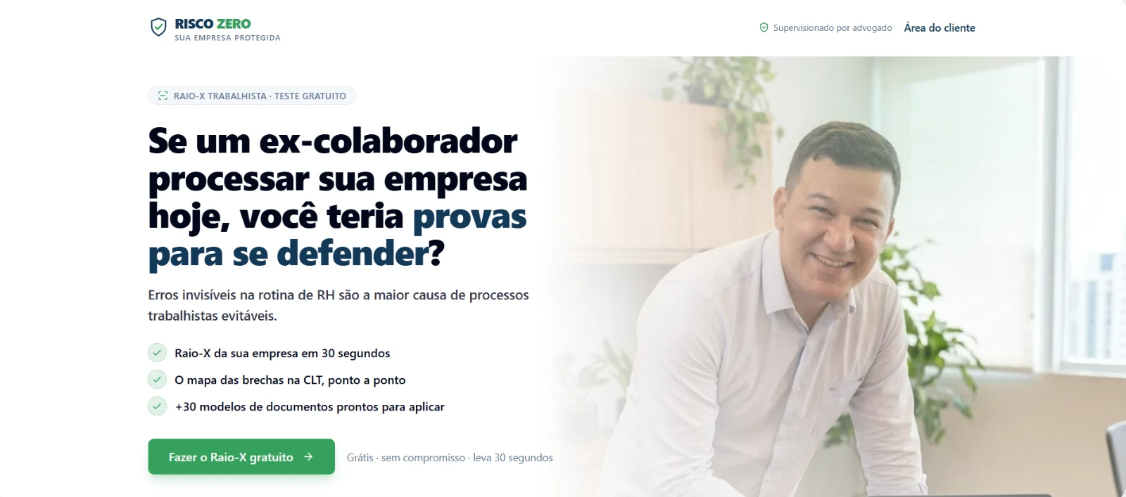 Landing page do Risco Zero com headline sobre processos trabalhistas e botão de diagnóstico gratuito