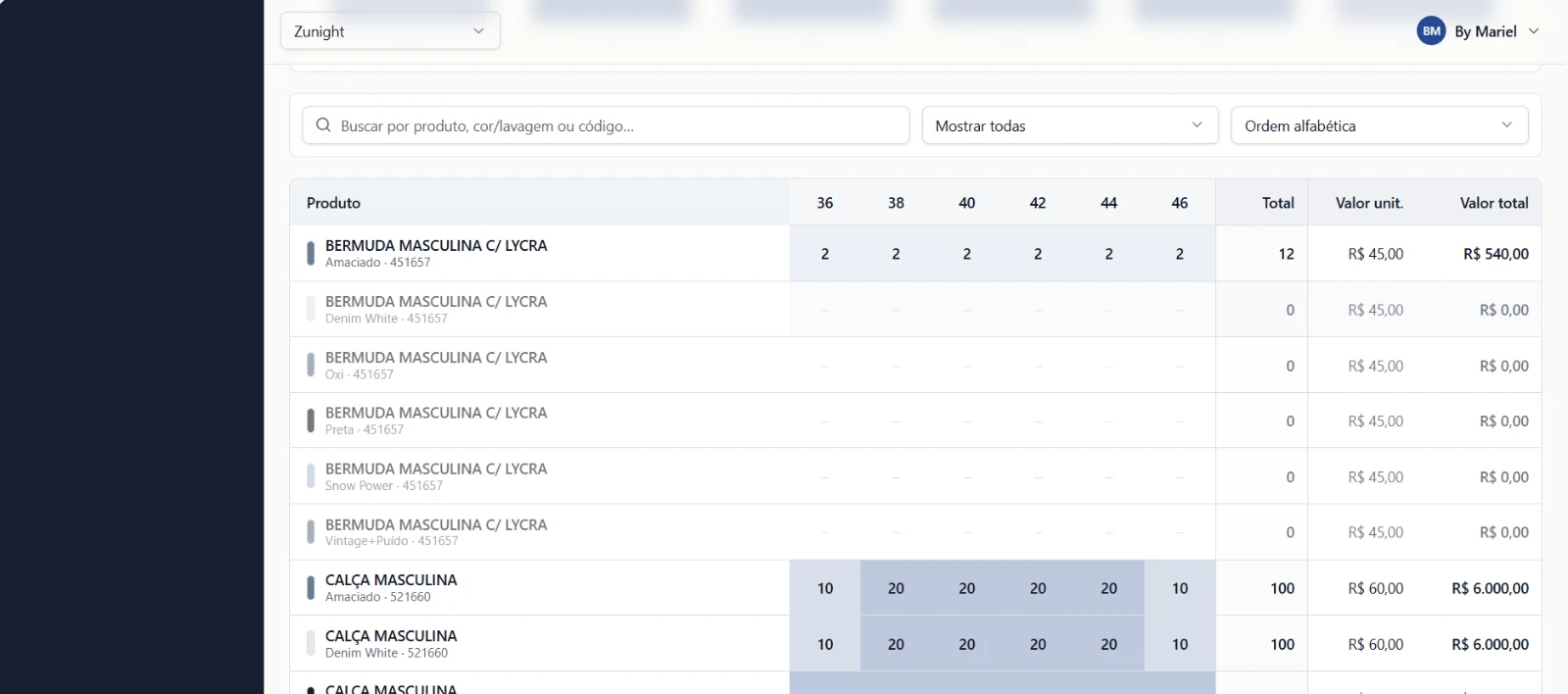 Tela de gestão de estoque da Zunight com grade de produtos por tamanho, totais e valores